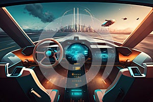 Cockpit of futuristic autonomous car. Generative AI