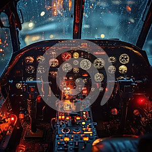 Cockpit of Helicopter with Control Panel and Illuminated Instruments