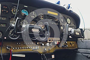 Cockpit helicopter - Instruments panel. Interior of helicopter control dashboard, Heli on the ground. Blue colored.