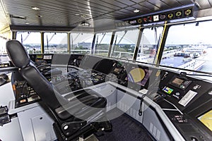 Cockpit of a huge container ship