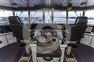 Cockpit of a huge container ship