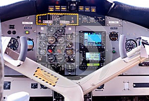 Cockpit of a hydroplane with the different controls to operate the device.