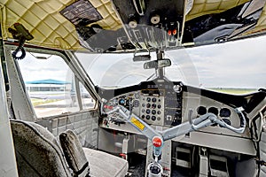 Cockpit inside view of a twin turbo prop