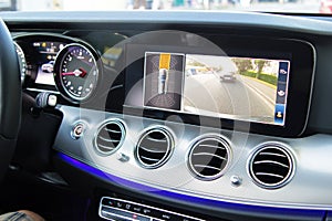 Cockpit of a modern car with reverse camera