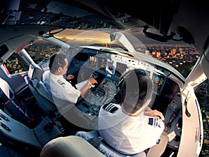 Cockpit of modern passenger jet aircraft.