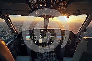 Cockpit of modern passenger jet aircraft. Pilots at work. Aerial view of modern city business district and sunset sky