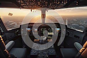 Cockpit of modern passenger jet aircraft. Pilots at work. Aerial view of modern city business district and sunset sky