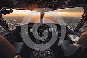 Cockpit of modern passenger jet aircraft. Pilots at work. Aerial view of modern city business district and sunset sky