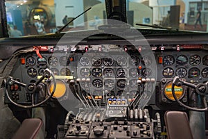 The cockpit of an old plane