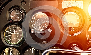 Cockpit of the old plane with all the flying instruments