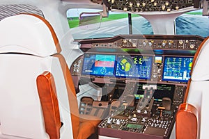 Cockpit of a passenger airliner for simulation and training of future pilots