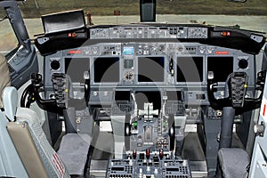 Cockpit passenger plane. The steering wheel control of the aircraft. Aero. View from the cockpit