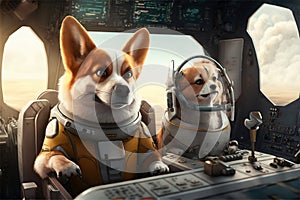 Cockpit with pilot corgi and his copilot robot with dog interface. Generative AI