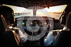 Cockpit of plane inside view, airplane flight deck , generative AI