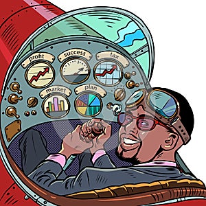 cockpit of a retro aircraft, the african american pilot leads the airplane. Pilot profession