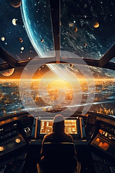 Cockpit of spaceship with moon and planets. Outerspace astronaut mothership. Planet horizon.