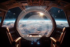 Cockpit of spaceship with moon and planets. Outerspace astronaut mothership. Planet horizon.