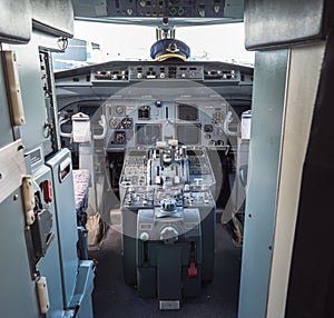 Cockpit of a vintage airliner