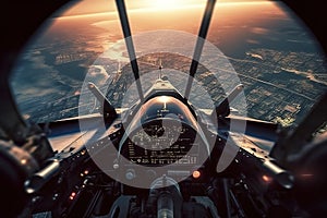 Through the cockpit window, a breathtaking view unfolds as the fighter jet pierces through the sky. The pilot's hand