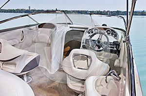 Cockpit of yacht from wood and leather