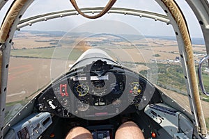 Cockpit of Zlin Z-126 aircraft in flight
