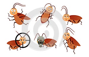 Cockroach character. Roach insects, bugs control mascot and brown parasite beetles cartoon vector set