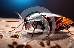 Cockroach close-up macro photography,cockroach and its children larvae,insect wiggles whiskers