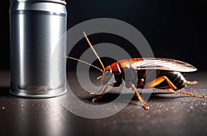 Cockroach close-up and repellent, insect exterminator with space for text, cockroach extermination indoors, aerosol can