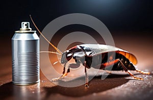 Cockroach close-up and repellent, insect exterminator with space for text, cockroach extermination indoors, aerosol can