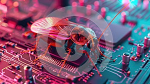 Cockroach on the computer microcircuits. Concept of computer bug and virus