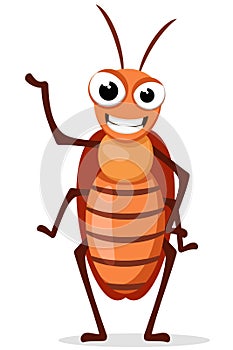A cockroach insect stands and smiles on a white background