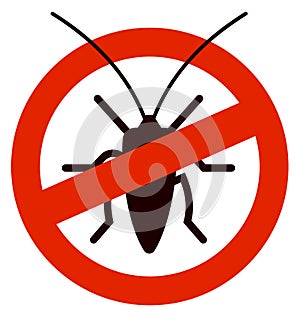 Cockroach insecticide symbol. Pest in red circle ban sign