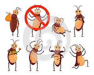 Cockroach mascot. Cartoon roach character, insect in prohibition stop sign and pests beetle vector illustration set