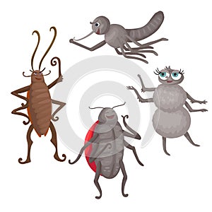 Cockroach, mosquito and ladybug. Cartoon animals. Vector isolated illustration.