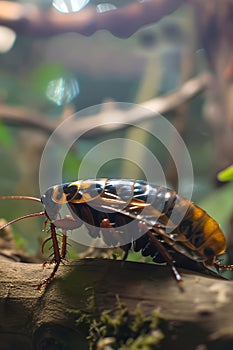 Cockroach navigating a log in a natural habitat. Detailed insect traversing wood. Concept of entomology, habitat