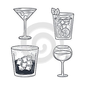 Cocktail alcohol drink beverages appetizer different glasses, thin line style icons