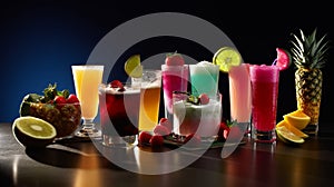 Set of fresh colorful alcoholic cocktails, dark background. Delicious summer drinks, hot summer holidays. Generative AI