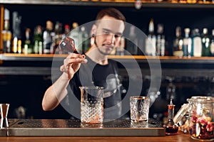 Cocktail Bar. Bartender Making Cocktails At Bar Counter