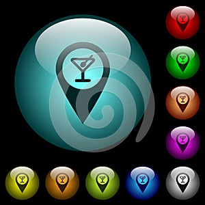 Cocktail bar GPS map location icons in color illuminated glass buttons