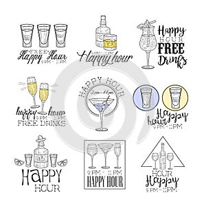 Cocktail Bar Happy Hour Promotion Sign Design Template Collection Of Hand Drawn Hipster Sketches With Different Drinks