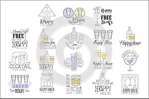 Cocktail Bar Happy Hour Promotion Sign Design Template Set Of Hand Drawn Hipster Sketches With Different Drinks And