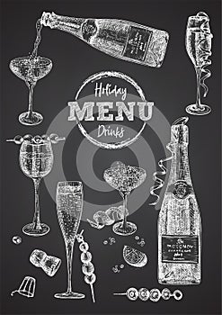 Cocktail bar menu design template set in retro style Isolated on on black chalckboard background. Hand drawn glass and
