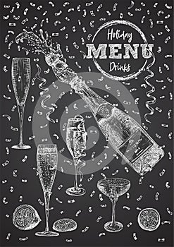 Cocktail bar menu design template set in retro style Isolated on on black chalckboard background. Hand drawn glass and