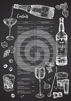 Cocktail bar menu design template set in retro style Isolated on on black chalckboard background. Hand drawn glass and