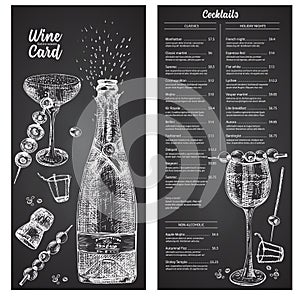 Cocktail bar menu design template set in retro style Isolated on on black chalckboard background. Hand drawn glass and bottle