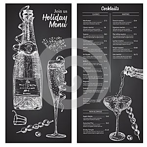 Cocktail bar menu design template set in retro style Isolated on on black chalckboard background. Hand drawn glass and bottle