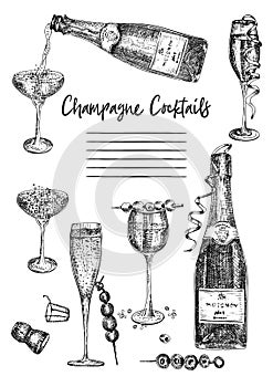 Cocktail bar menu design template set in retro style Isolated on gray background. Hand drawn glass and bottle champagne