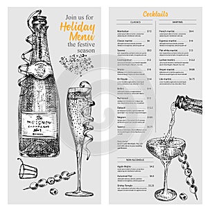 Cocktail bar menu design template set in retro style Isolated on gray background. Hand drawn glass and bottle champagne. Vintage