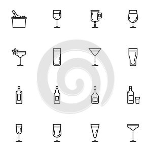 Cocktail bar menu line icons set