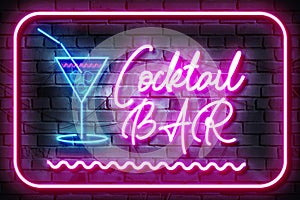 Cocktail Bar Neon Sign on a Dark Brick Wall